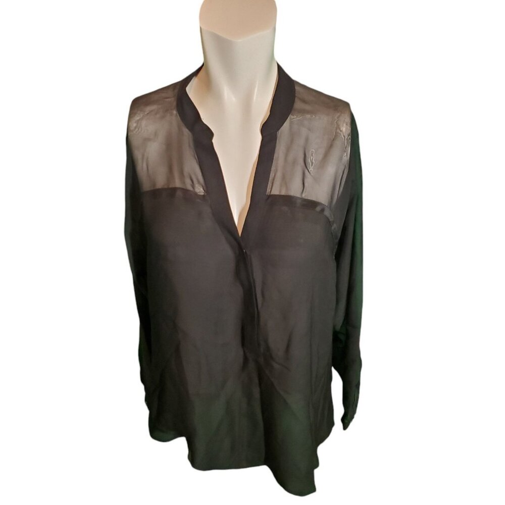 Chelsea Flower Silk Shirt Button up Blouse Satin & Chiffon Black Sz S